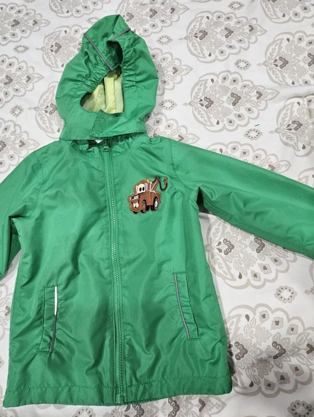 Kids Hooded Rain Jacket with Tow Truck Patch - Green